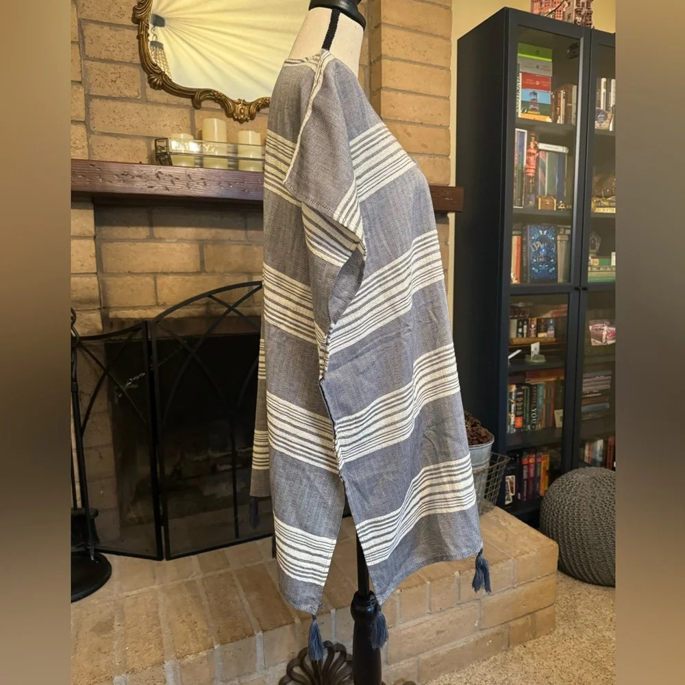 SURF GYPSY Dusty Blue & White Striped Tassel Trimmed Coverup - Size Medium - Picture 4 of 9